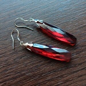 925 Silver French Wire Red Cubic Zirconia Pear Earrings